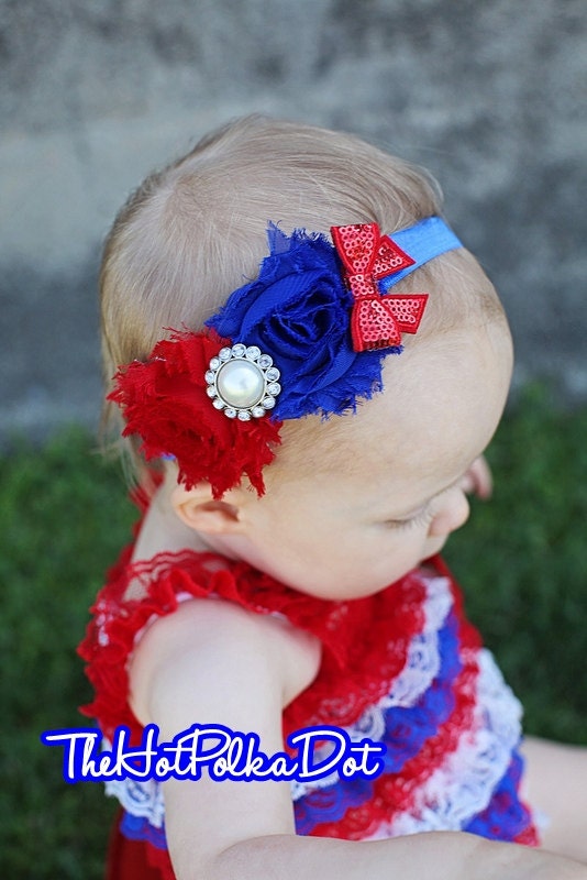 New Miss Independence Blue and Red Double Shabby Flower Headband / Pearl Rhinestone / Perfect Photo Prop / 4th of July