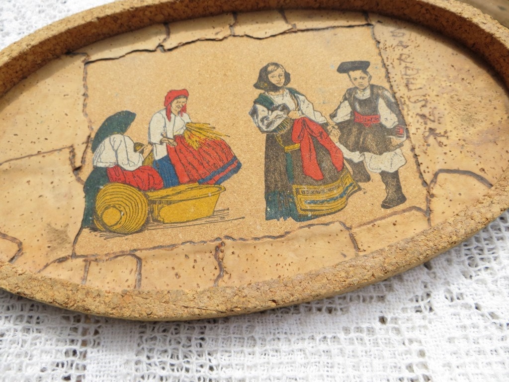 Unique Vintage Oval Cork Tray with Cut out Cork and Illustration