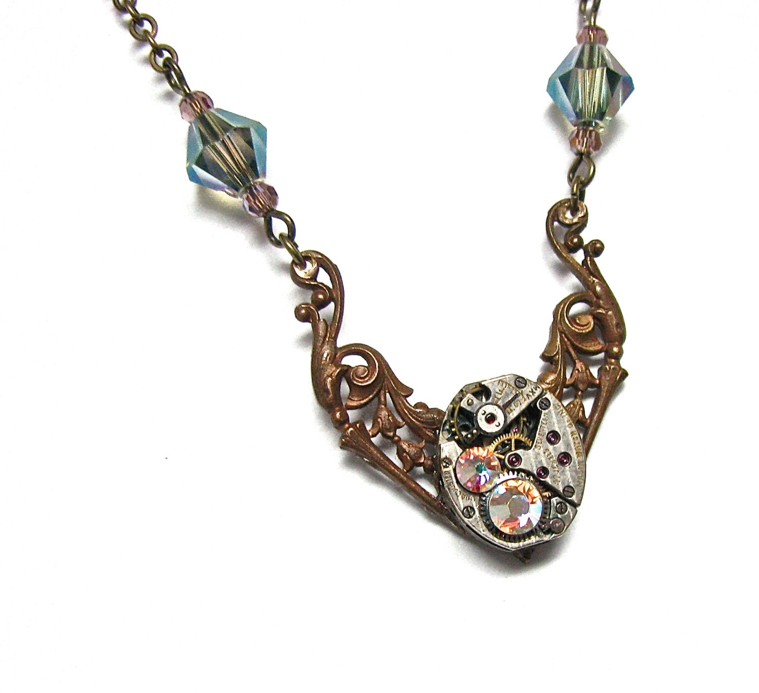 Steampunk Necklace Antiqued Brass Victorian Filigree Charm Finished with A GORGEOUS Jeweled Watch Movement -by Mechanique Steampunk