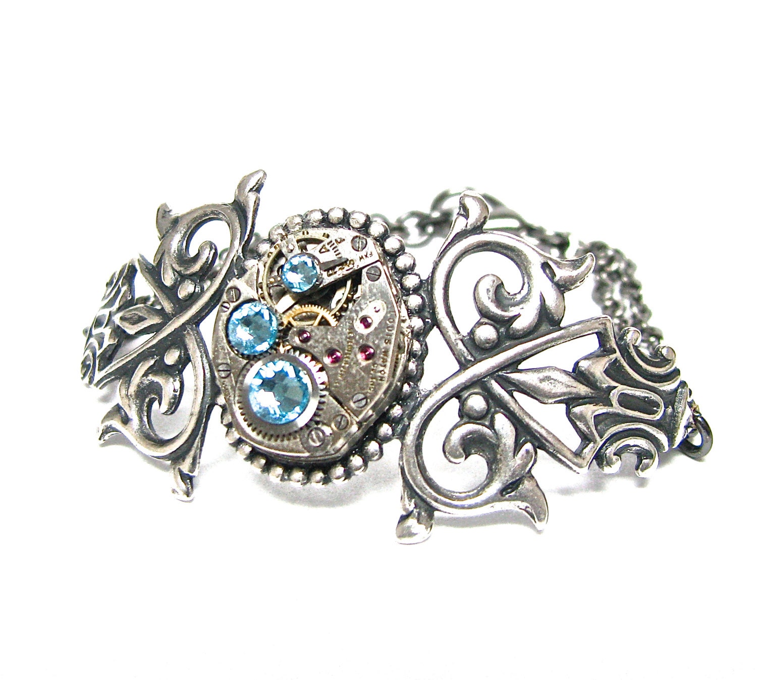 Steampunk Bracelet Antiqued Silver Victorian Charm Finished with A GORGEOUS Jeweled Watch Movement -by Mechanique Steampunk