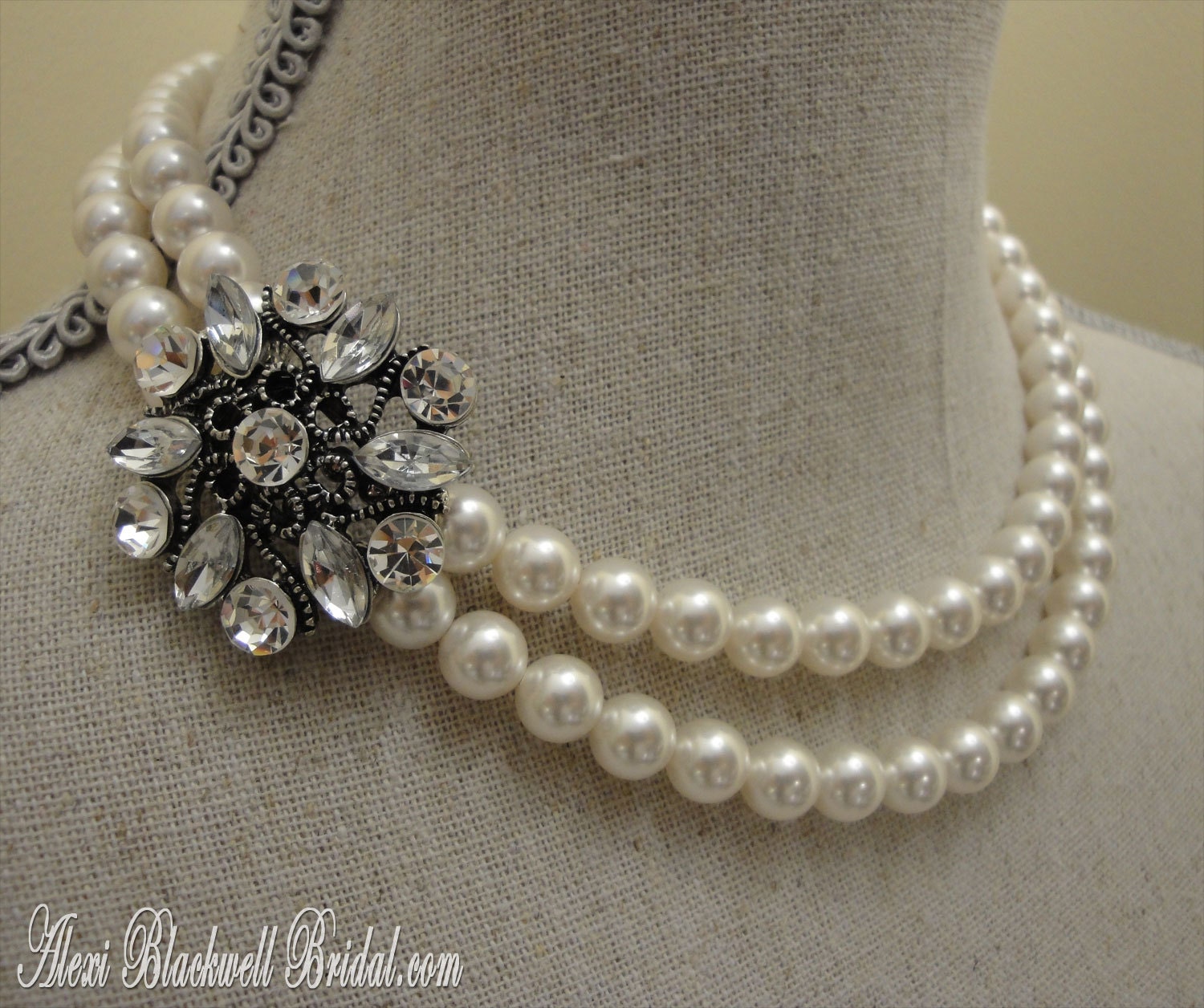 Wedding Necklace Set -  2 strands of Swarovski Pearls and rhinestone focal embellishment  bridesmaid  wedding bridal jewelry sets
