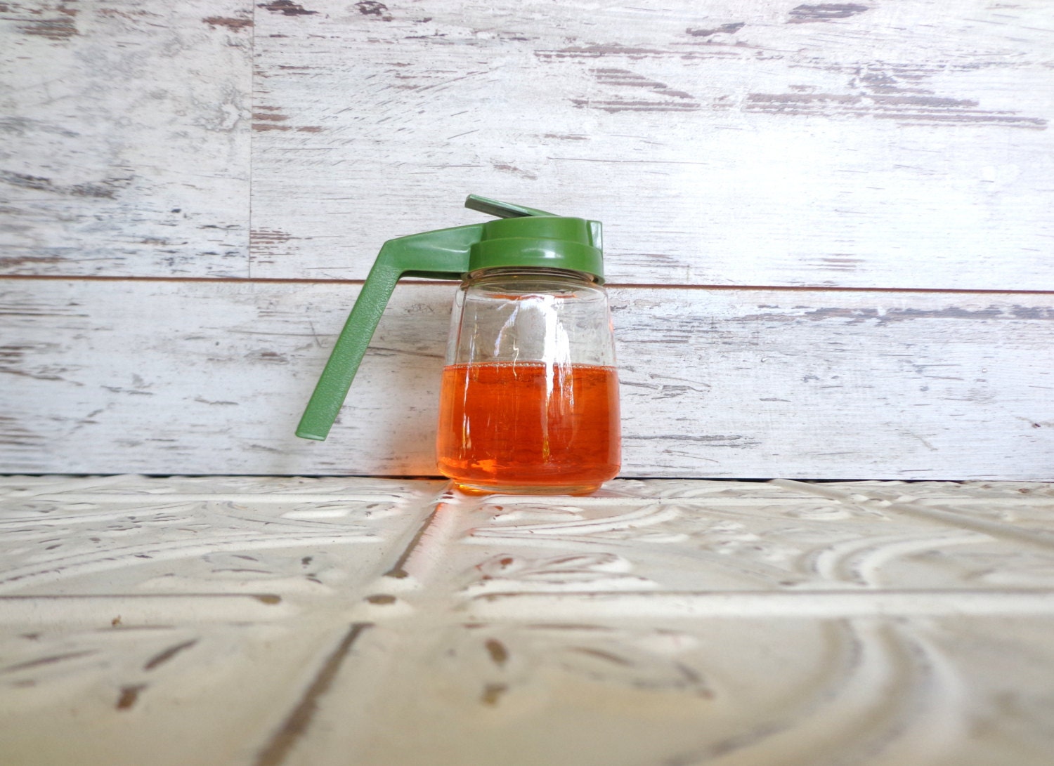 Vintage Federal Glass Syrup / Soap Dispenser Green Plastic Top, No metal, Glass bottom Use it for Dish Soap