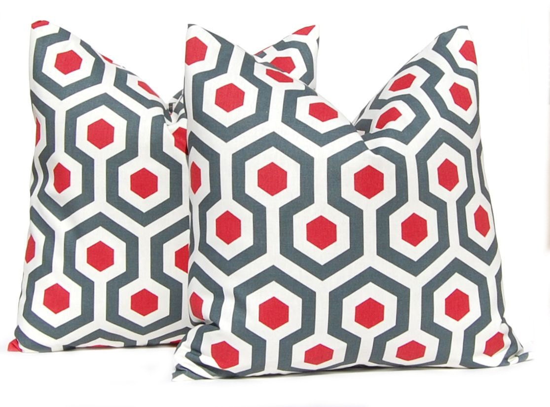 MEMORIAL DAY SALE Decorative Throw Pillow Cover One All Sizes Red Pillows Honeycomb Pattern Ruby Red and Charcoal Gray Home Decor