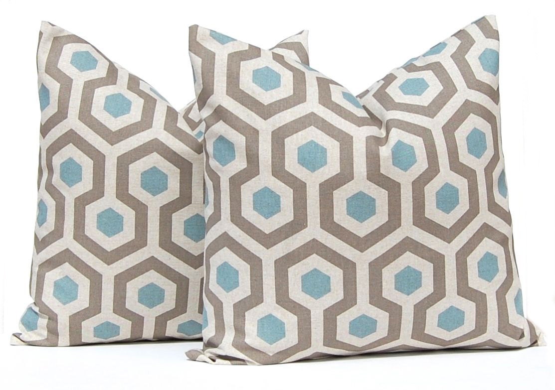 MEMORIAL DAY SALE Decorative Throw Pillow Cover One All Sizes Taupe and Blue Honeycomb on Linen Cushion Covers Taupe Pillows