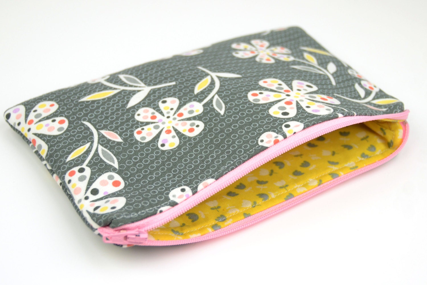 Zipper Pouch, Coin Purse, Card Case, Clutch in Pink Grey Yellow Floral