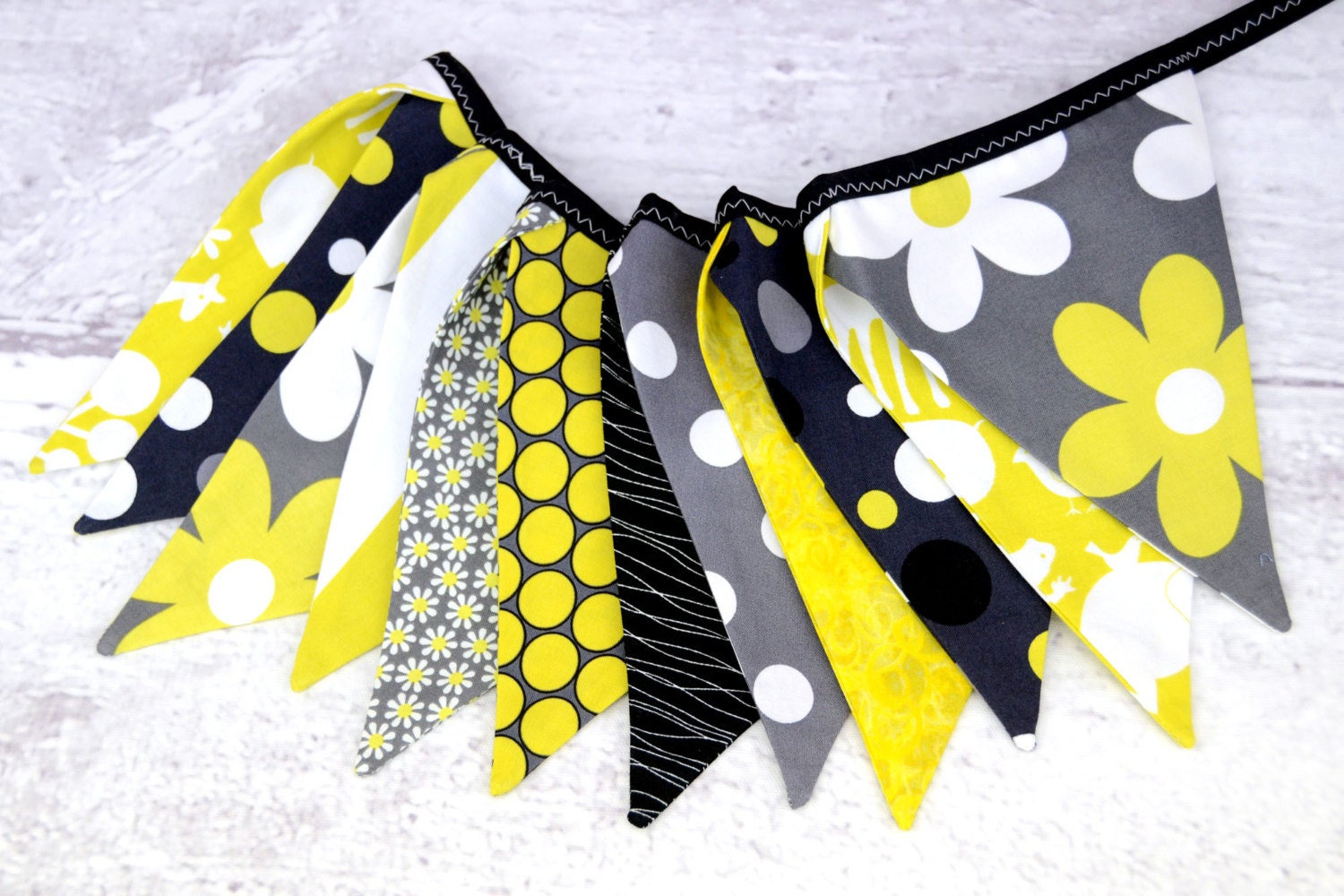 Eco-Friendly Reusable Fabric Bunting, Banner, Pennant, Flag, Garland, Photo Prop, Decoration in Black Yellow White Citron Michael Miller