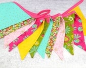 Eco-Friendly Reusable Fabric Bunting, Banner, Pennant, Flag, Garland, Photo Prop, Decoration in Pink Turquoise Green Yellow Birds Flowers