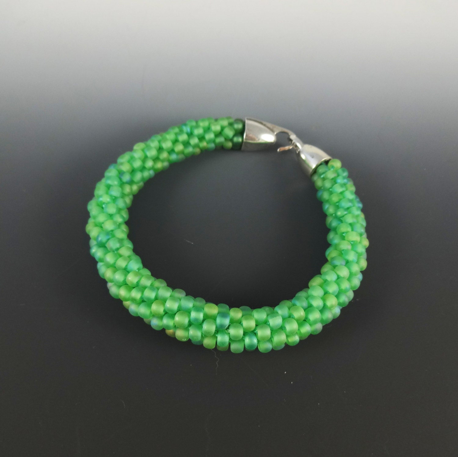 Bracelet Matte Iridescent Green Bead Crochet Sterling Clasp