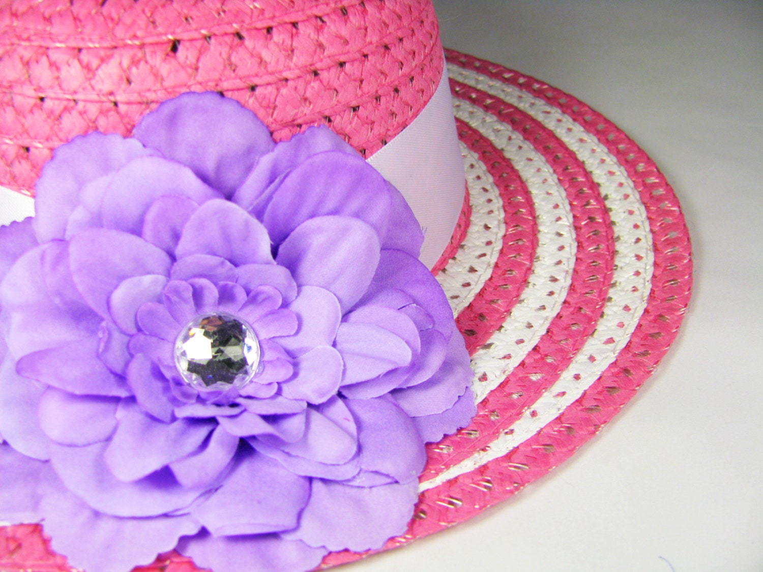 Tea Party Hat - Girls Sun Hat - Dark Pink  Easter Bonnet with White Satin Ribbon - Lavender Dahlia Flower - Style H12