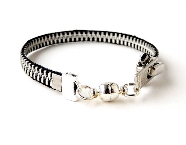 Zipper Bracelet, Black and Silver, Recycled, Upcycled, Repurposed, 18.5cm