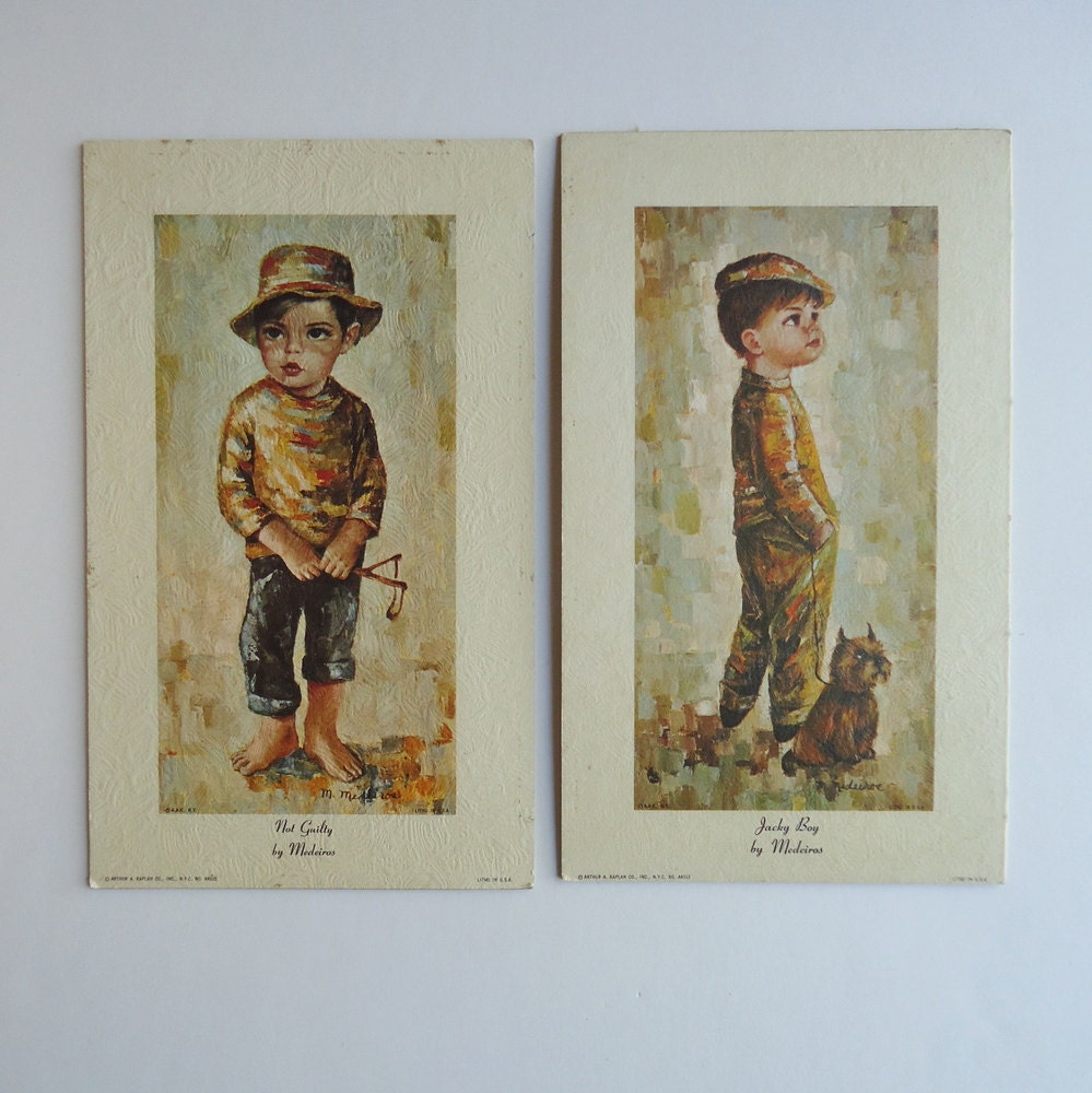 Vintage Big Eyed Boys Medeiros Lithograph Prints, 1960s, 1970s