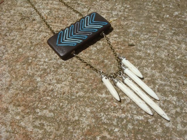 Huntress--Embroidered Wood Chevron with Howlite Spikes--Blue and Gray--bib necklace