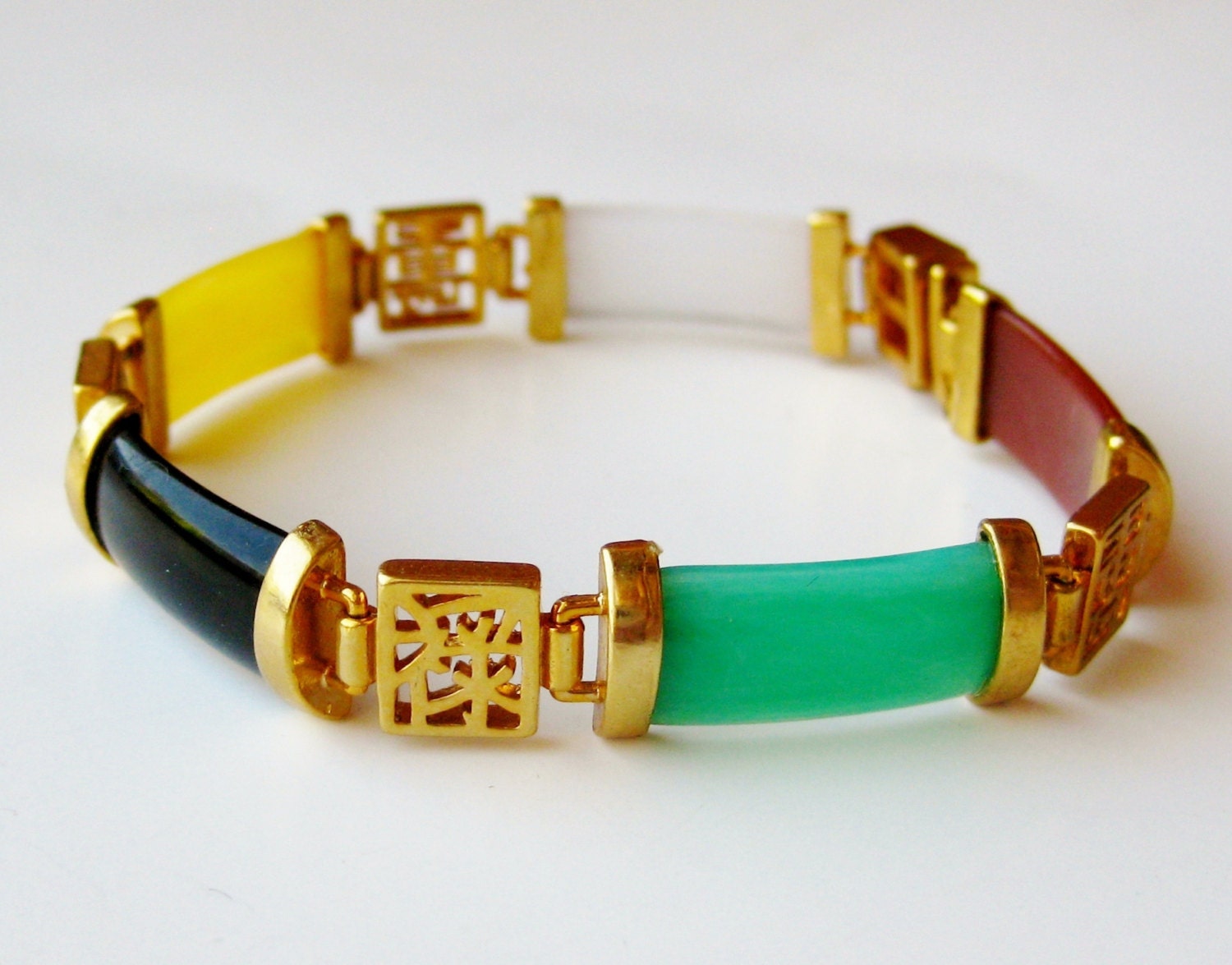 Vintage Chinese Jade Green Carnelian Onyx Panel Link Gold Filigree Bracelet