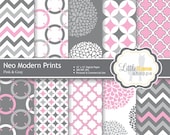 10 Digital Paper Pack in Pink and Gray. Geometric Chevron Quatrefoil Floral Patterns INSTANT DOWNLOAD Personal and Commericial