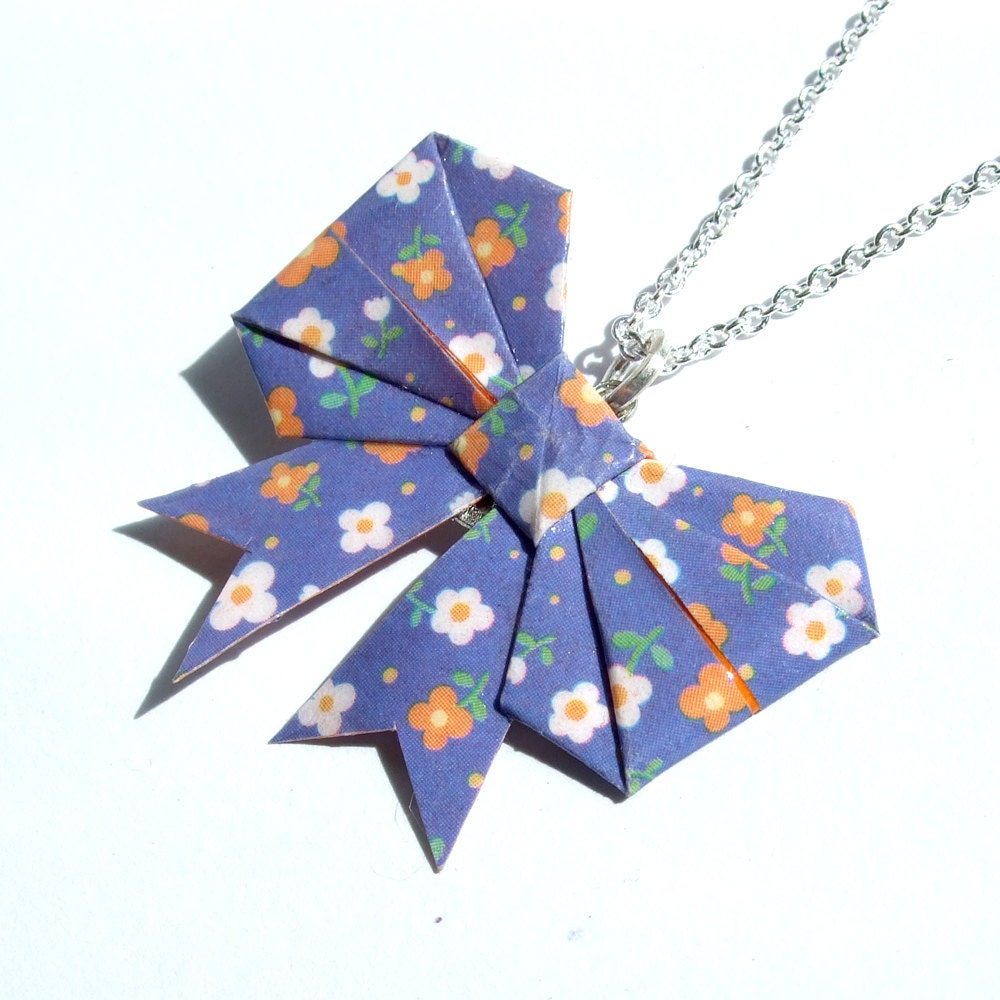 Blue flower origami paper blow / origami ribbon necklace pendant