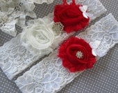 Lace wedding garter red and white, bridal garter set. Fabric flower bridal garter Shabby chic vintage style garter set