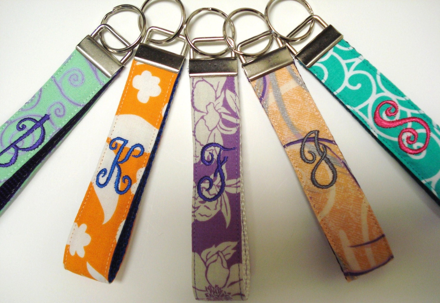 Monogrammed ONE Letter Fabric Wristlet Key Fob Select from 15 Designer Patterns