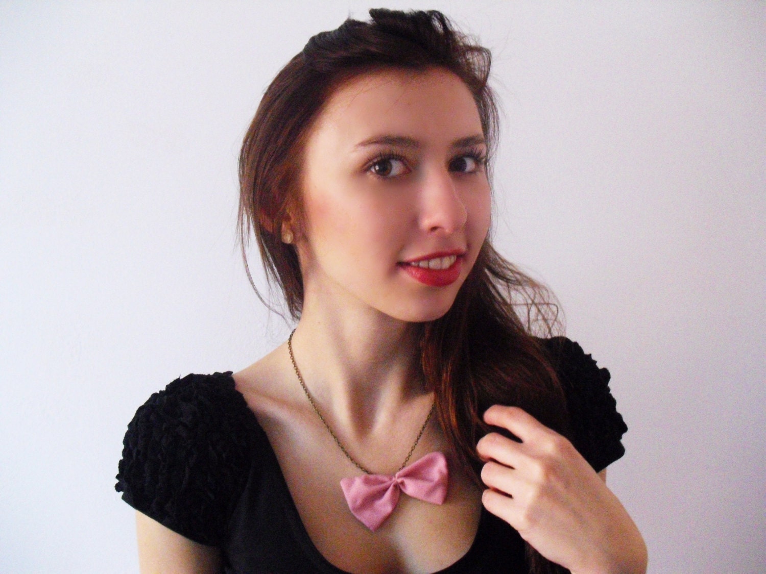 Bow tie necklace - pink fabric bow pendant with chain Romantic Girly necklace Statement Necklace