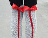 SALE Women leg warmers over the knee in gray accented with red stripe and a bow Striped leg warmers