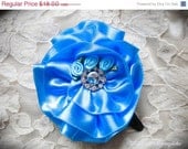 SALE Satin Flower Hair Clip Brooch with satin butterfly and pearl center in aqua blue Bridesmaids accessories