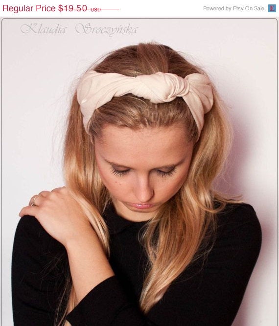 SALE Women's turban knotted headband Boho chic  in cream Stretch Jersey Knit