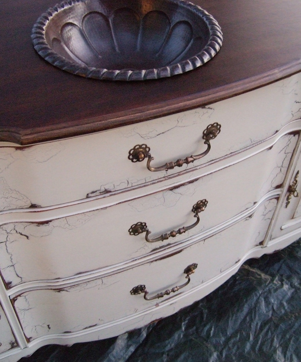Antiqued French Country Bathroom Vanity Cabinet in French Cream with Dark Walnut top - Artisan8