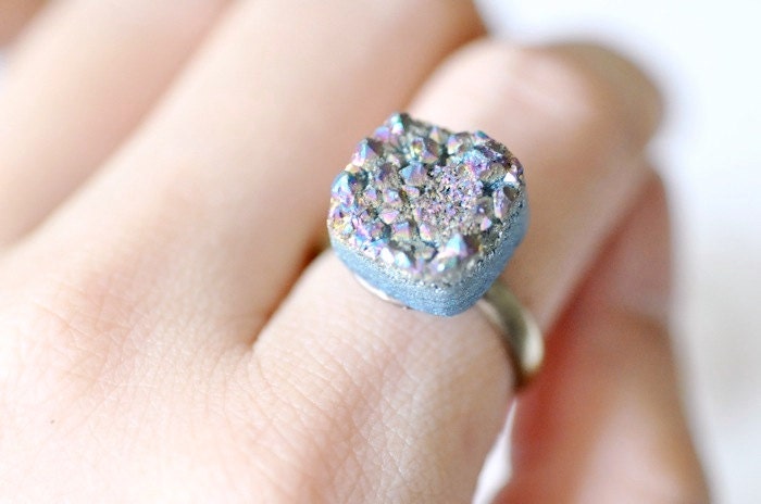 OOAK Rainbow Titanium Druzy Cube Ring -01-