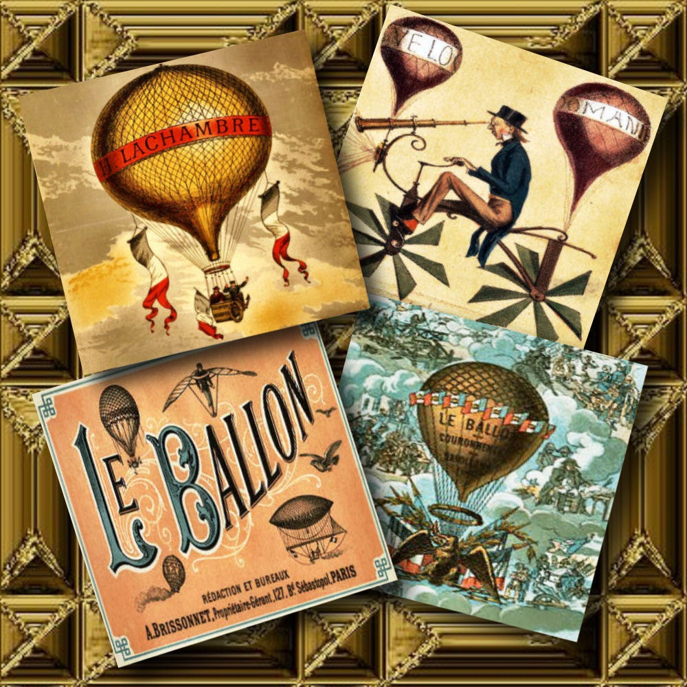French Hot Air Balloon Squares Digital Collage Sheet 1 inch square Background ACEO ATC Card Ephemera Backgrounds Tag Grunge 254