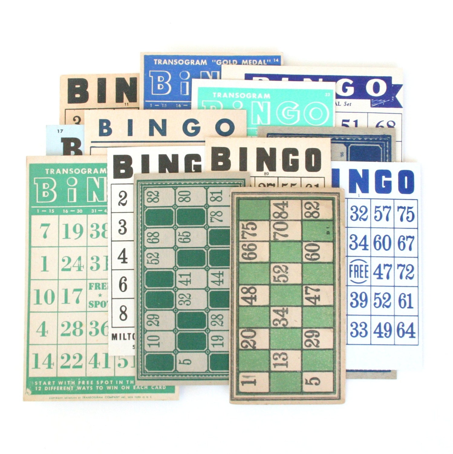 Green & Blue Vintage BINGO and Lotto Cards - Set of 13