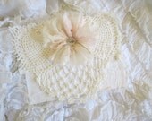 Beautiful card made from antique crochet, scrim, and silk rosette