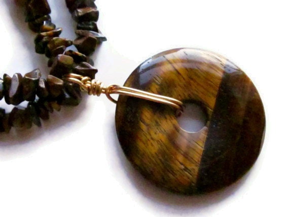 Glowing Golden Brown South African Tigereye Stone and Bronze Necklace