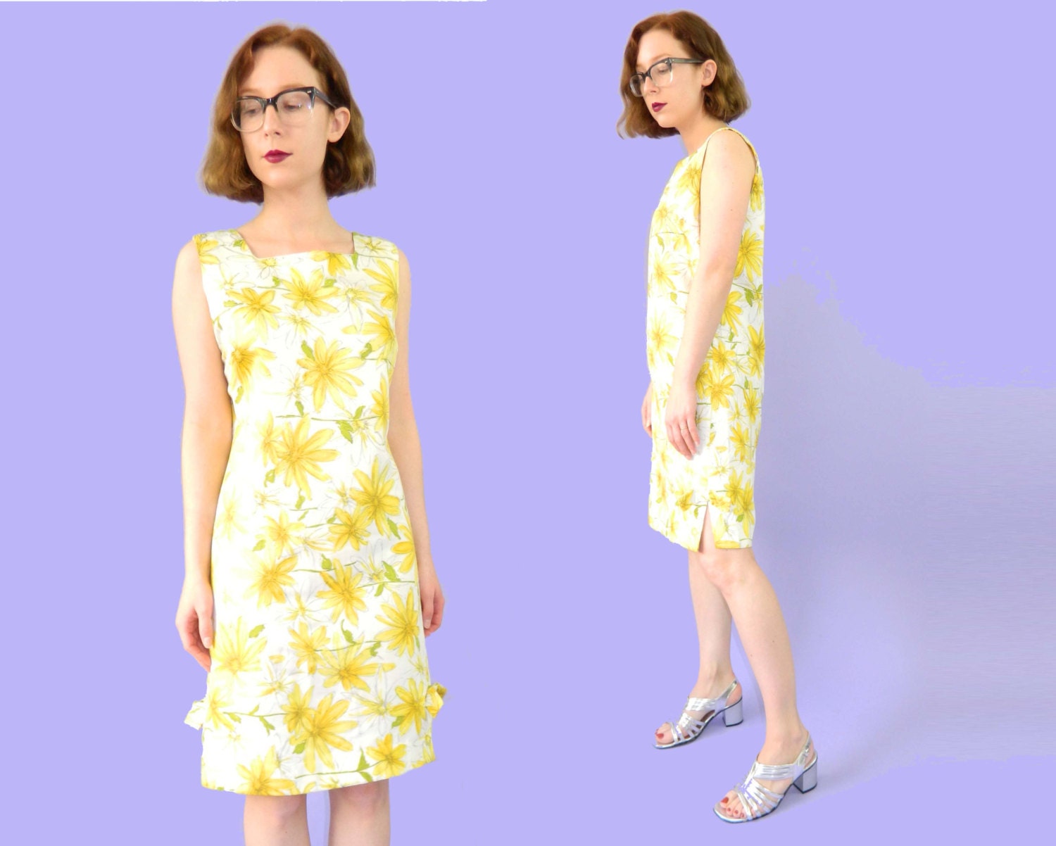 Vintage 1960s Shift Dress Floral White Yellow Medium