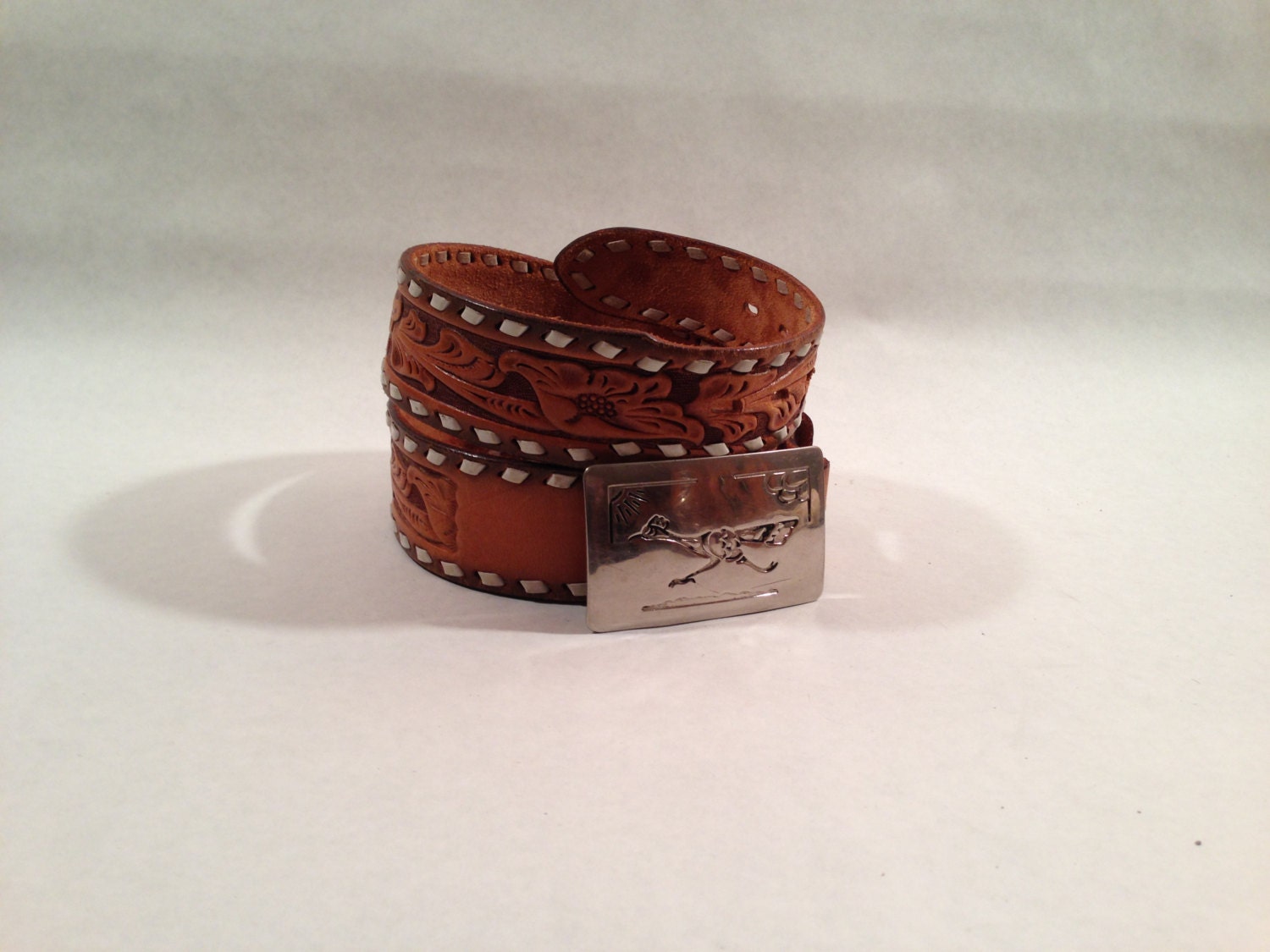 Vintage 70s Leather Tooled Personalized "RICH" Roadrunner Belt Size 36