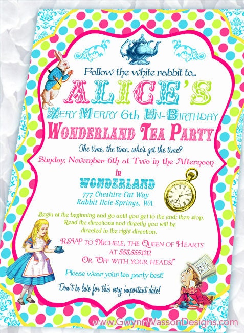 Alice in Wonderland Invitation - Birthday Tea Party Collection- Brights - Gwynn Wasson Designs - PRINTABLES