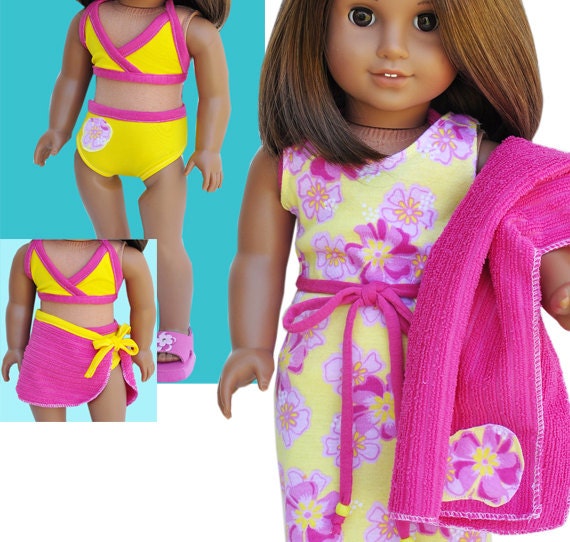 American Girl Swimwear Set - Bikini Bright Yellow and Hot Pink with Coverup Sarong & Towel