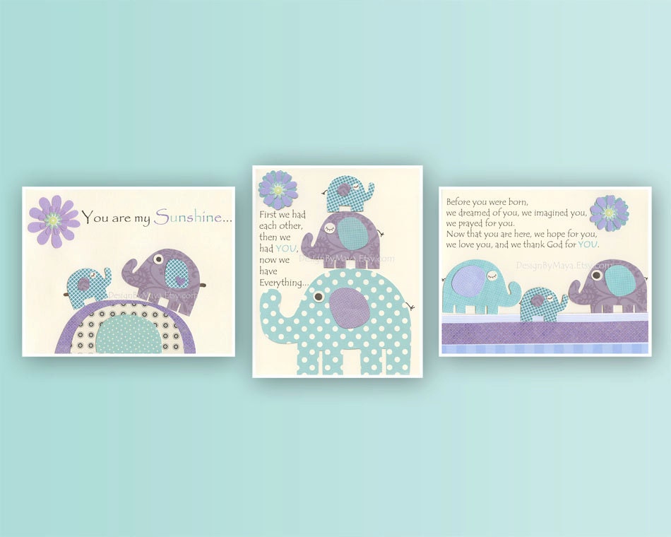 Kids Room Decor, Baby girl Room Decor, Nursery wall Art, set of 3 8x10 match to Brooklyn and carters elephant, lavender and turquoise