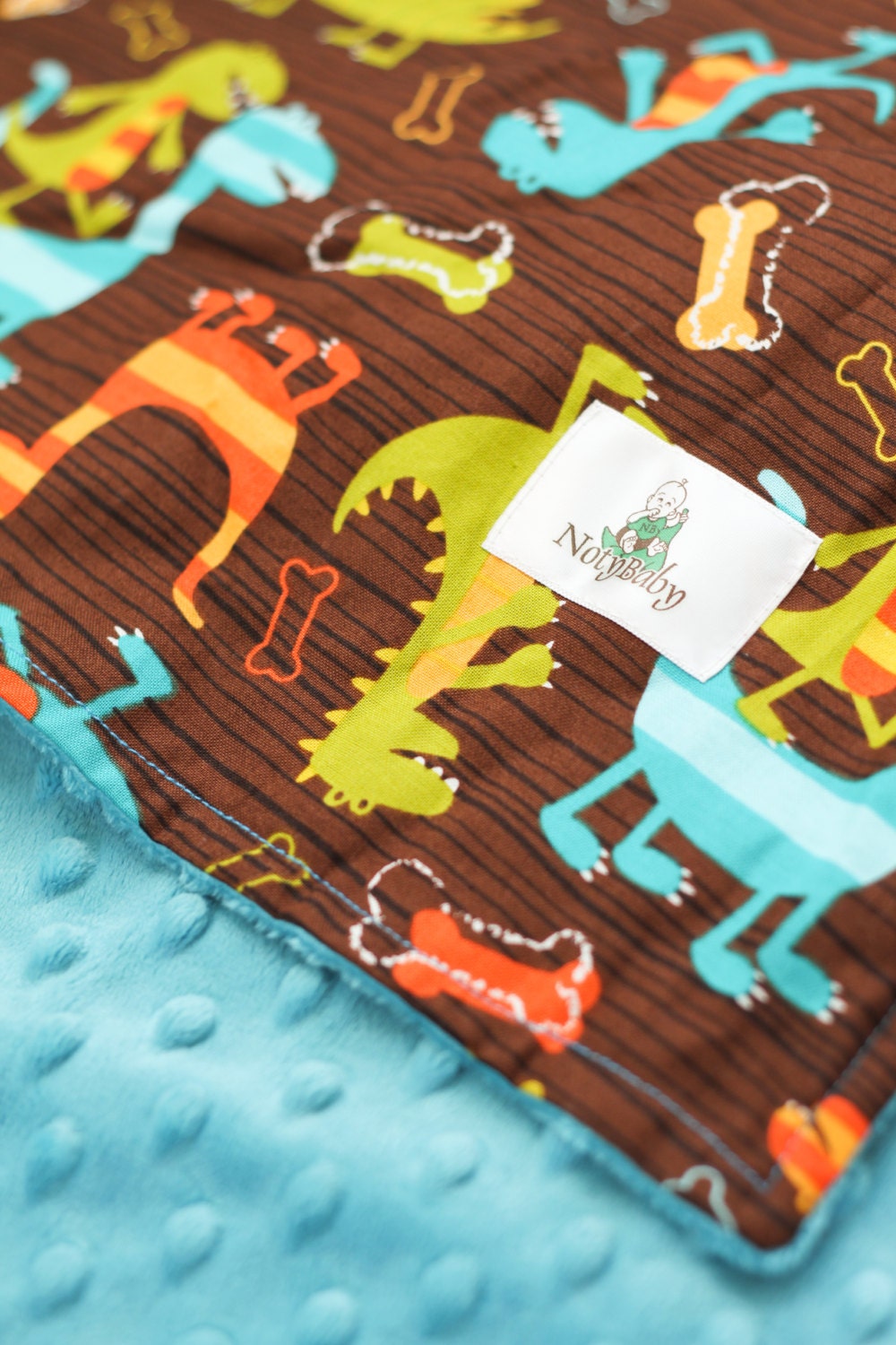 Baby Stroller Blanket -- Brown Dino Dudes with Teal Minky Dot -- MADE TO ORDER