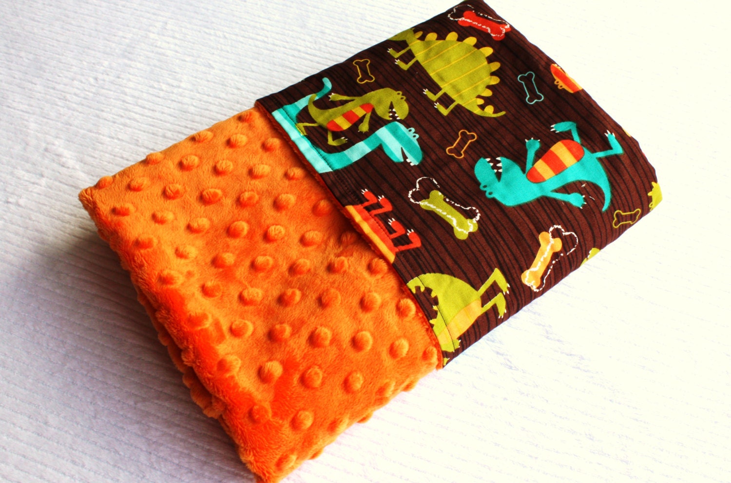 Stroller Baby Minky Blanket -- Brown Dino Dudes Cotton Print with Orange Minky Dot -- MADE TO ORDER