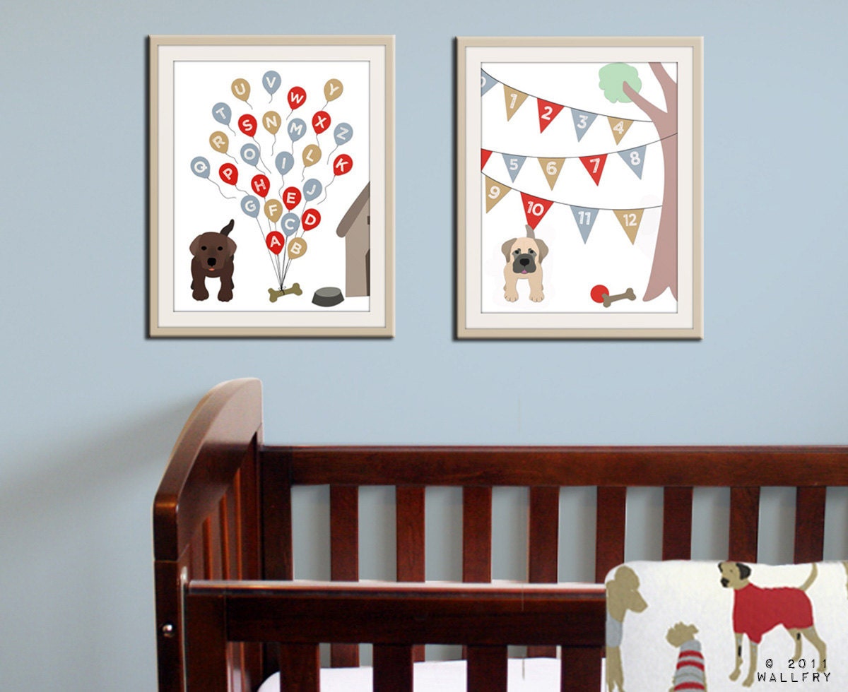 Baby nursery art print. Dog ABC nursery decor. Alphabet print, ABC print, number print childrens art. Set of 2 11x14 prints by WallFry