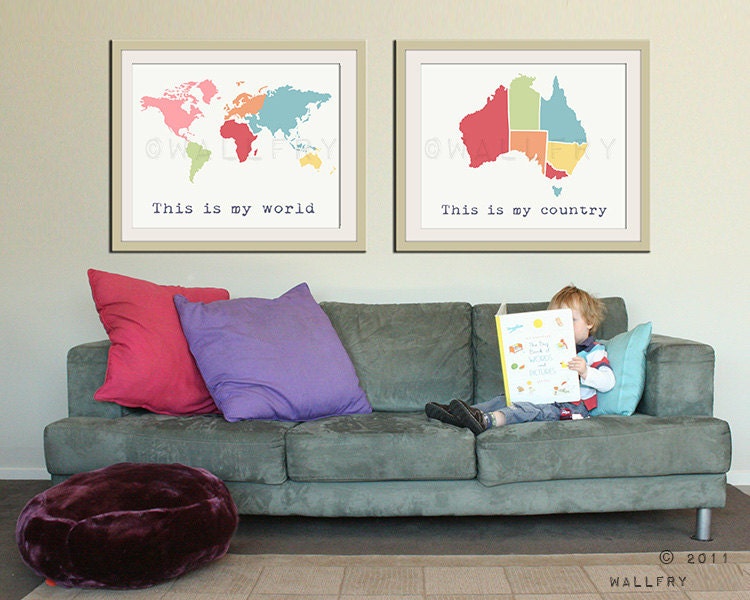 Large world map print 16x20. Set of 2 country map and world map poster wall art for playroom, kids wall art. 2-16X20 prints by WallFry