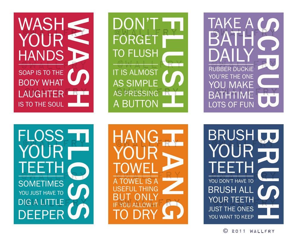 Kids bathroom art. Wash Brush Floss Flush. Typography. Pottery Barn Kids bathroom decor. Set of 4 8x10 prints by WallFry