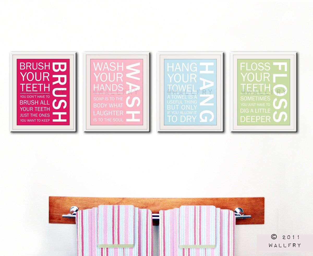 Kids bathroom decor. Bathroom art, bathroom prints, Bathroom rules, brush your teeth. Wash floss brush flush. 4-11x14 prints by WallFry