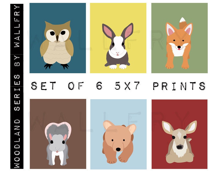 Children spring woodland animal prints. Kids wall art, forest nursery art. Owl print. SET OF 6- 5x7 prints by WallFry