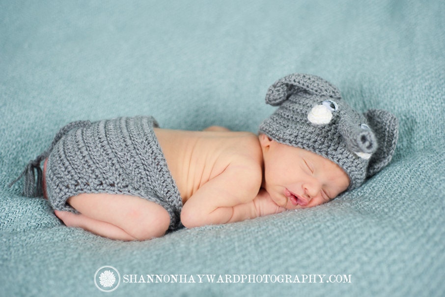 Elephant Newborn Photography Hat and Diaper Cover Set