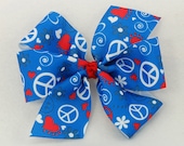 Extra Large Blue Heart and Peace Sign Pinwheel Bow - Red Center Knot - July 4th - Veterans Day