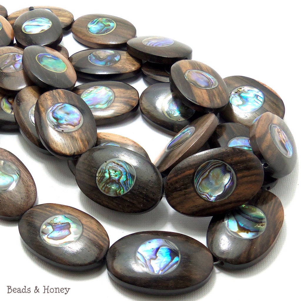 Ebony with Abalone/Paua Shell Inlay, Natural Wood Focal Bead, Oval, Flat, Smooth, 35mm, Large, 5pcs - ID 1482