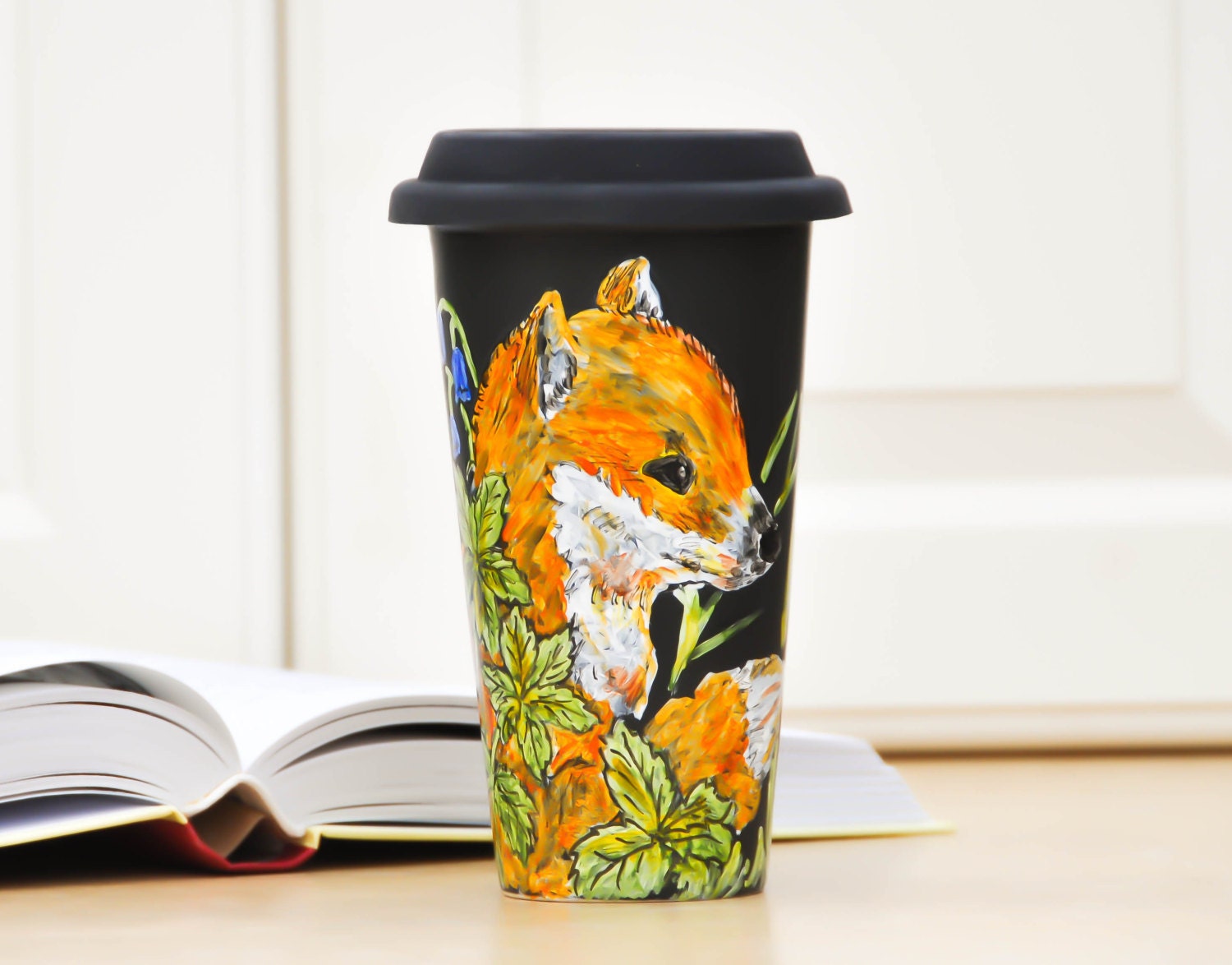 Black Ceramic Travel Mug - Hand Painted Fox and Butterfly Eco cup - Porcelain Mug with Lid - Insulated Tumbler
