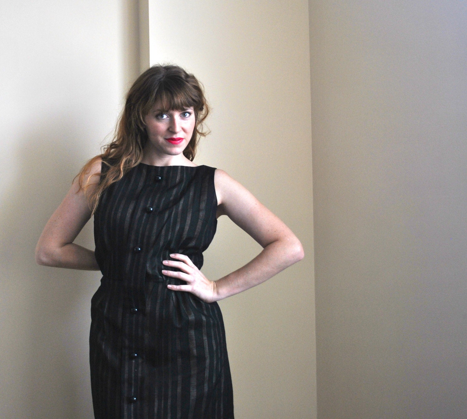 50s Black and Tan Wiggle Dress - 1950s LBD - Medium Large Black Vintage Dress