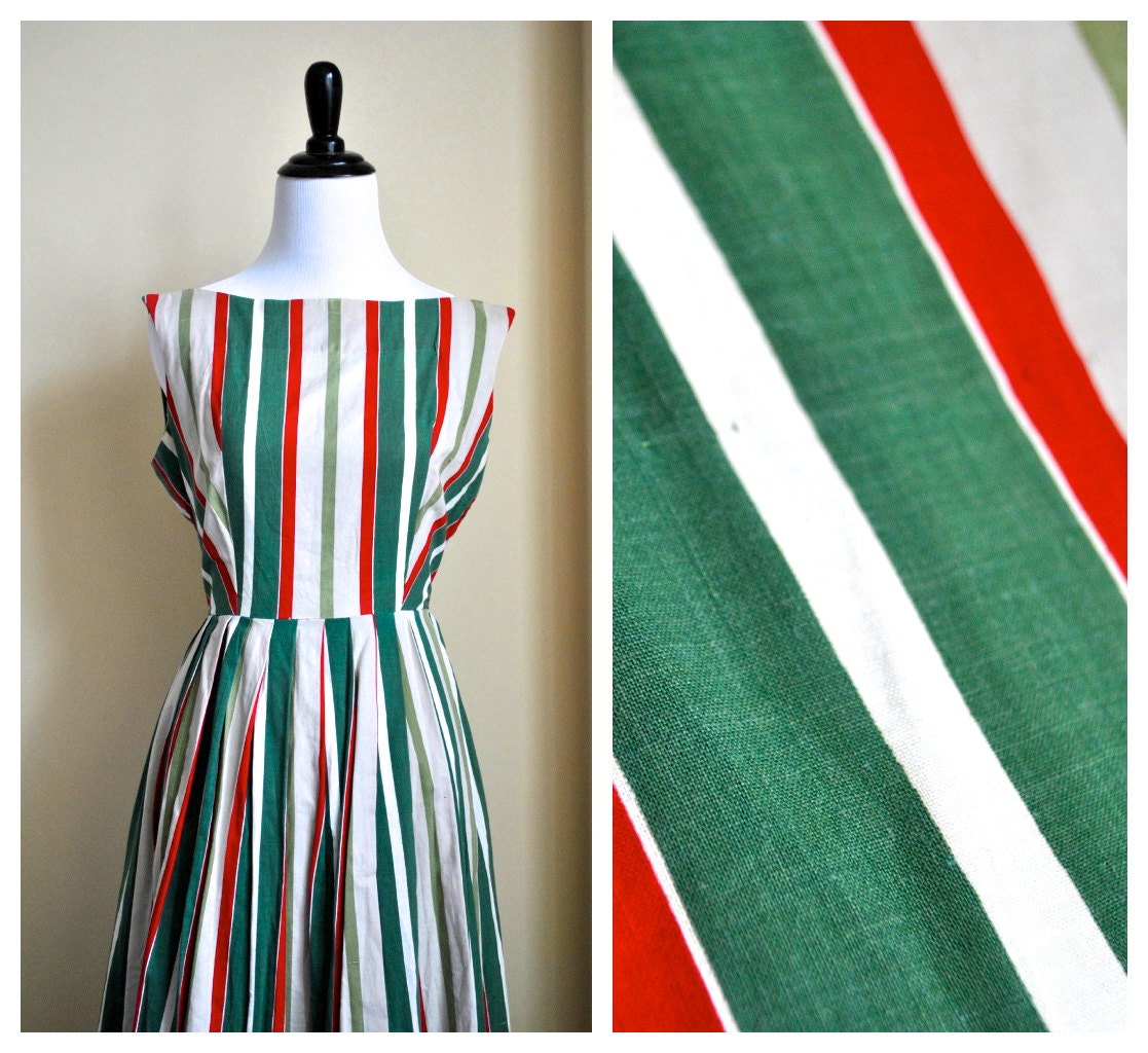 50s Candy Cane Stripe Dress - Small Cotton Handmade 1950s Spring Dress Full Skirt