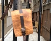 Needle sewn Ipad bag - hand cut -punched - stitched in honey brown and expresso